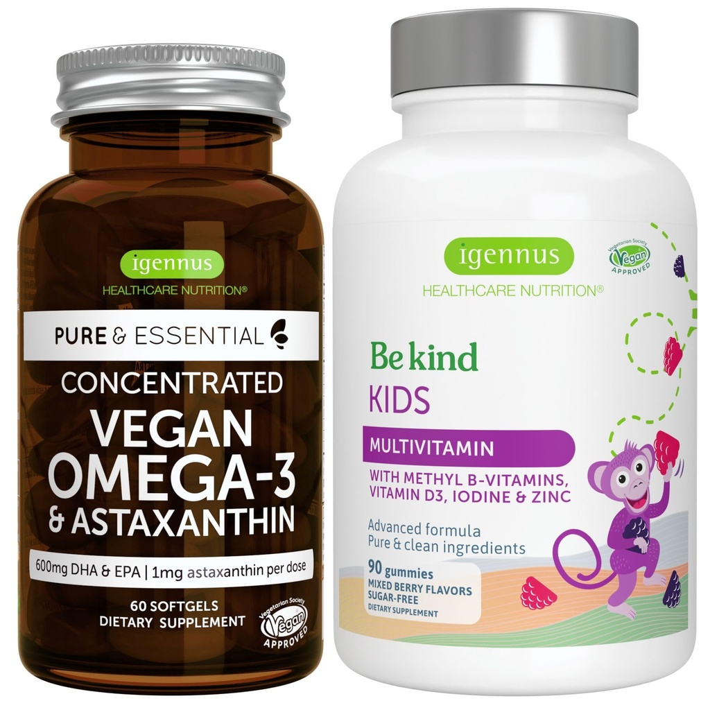 Vegan Omega-3 Alger Oil + Advanced Kids Multivitamin Gummy Bundle, High Concentration DHA & EPA + vitamin A, B, C, D3 & E, Clean Ingredients 60 Softels + 90 Berry Flavor Gummies, af Igennus