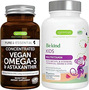 Vegan Omega-3 Alger Oil + Advanced Kids Multivitamin Gummy Bundle, High Concentration DHA & EPA + vitamin A, B, C, D3 & E, Clean Ingredients 60 Softels + 90 Berry Flavor Gummies, af Igennus