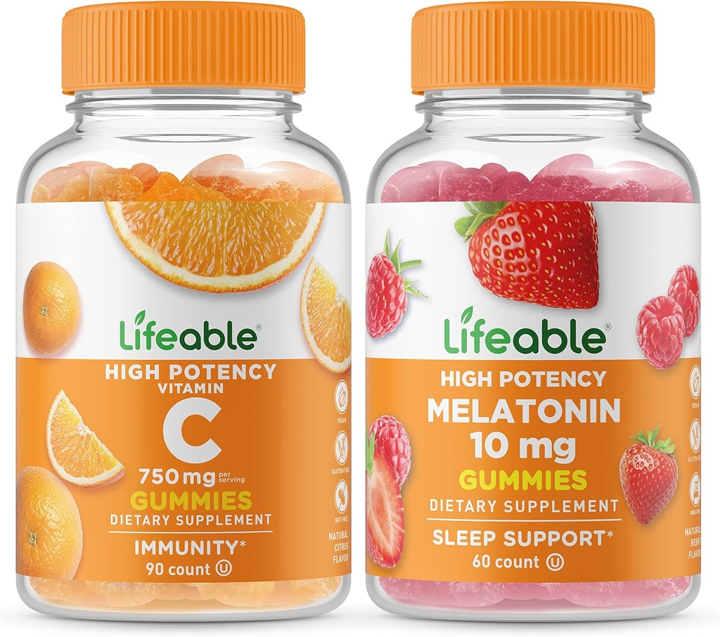 Lifeable Vitamin C 750mg + Melatonin 10mg, Gummies Bundle - Great Tasting, Vitamin Supplement, Gluten Free, GMO fri, Chewable Gummy