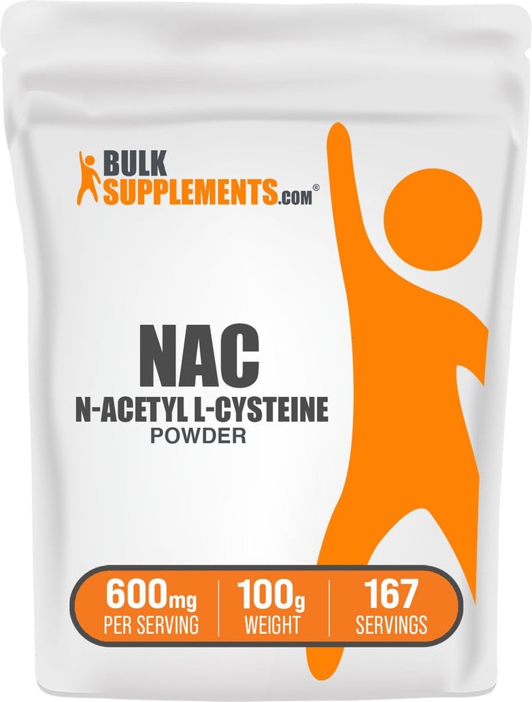 BulkSupplements.com NAC Powder - N- Acetyl Cysteine 600mg, NAC Supplement - Antioxidant Support, Gluten Free - 600mg per Servering, 167 Servering, 100g (3,5 oz) (Pack of 1)
