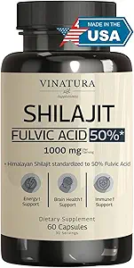 VINATURA Shilajit til mænd og kvinder - 1000 mg Pure Himalayan Shilajit kapsler, standardiseret til 50% Fulvic Acid - 60 kapsler
