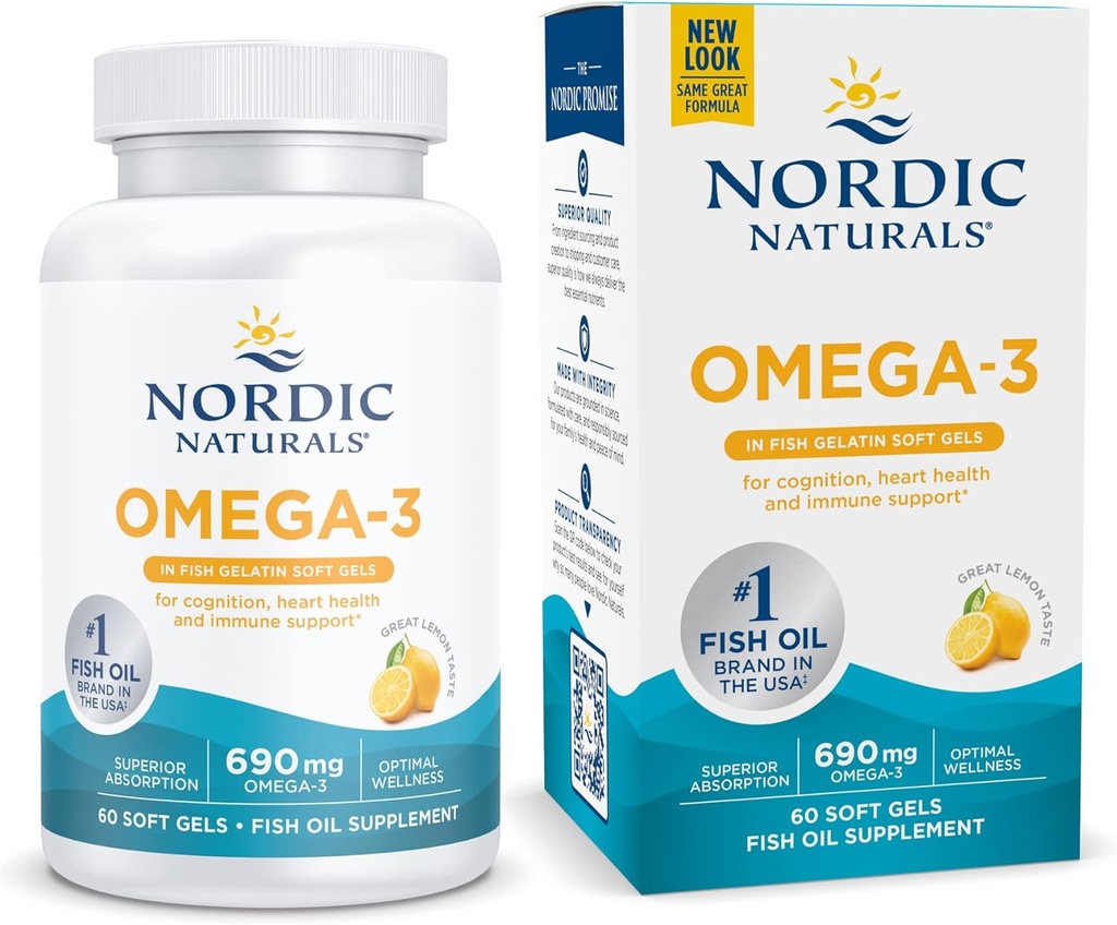 Nordic Naturals Omega-3 in Fish Gelatine, Lemon Flavor - 60 Fish Gels - 690 mg Omega-3 - Fish Oil - EPA & DHA - immunforsvar, hjerne og hjerte sundhed, optimal wellness - non-GMO - 30 Servering