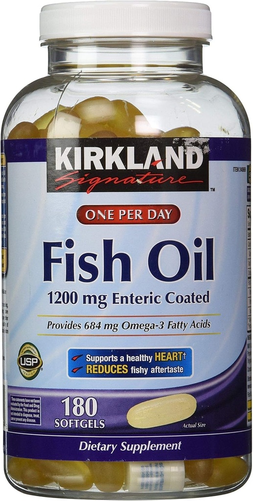 Kirkland Signature Enteric Coated Fish Oil Omega 3 1200 MG Fish Oil, 684 MG af Omega 3 Fedtsyrer, 180 softels