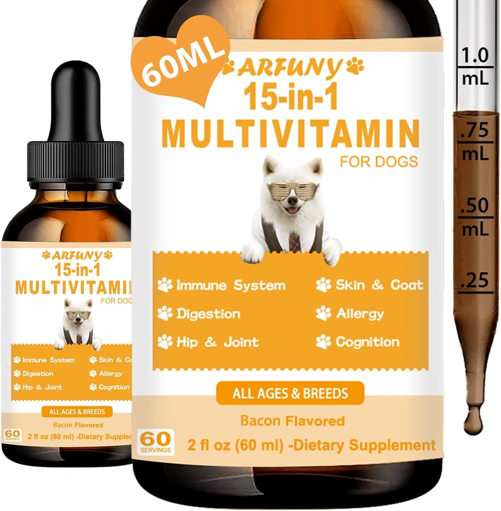 15 in 1 Multivitamin for Dogs - Dog Multivitamin Liquid Support Joint, Gut & Immune Health - Canine Digestion, Heart, Skin & Coat Health - Vitamin Supplements for Puppy - Bacon Flavor