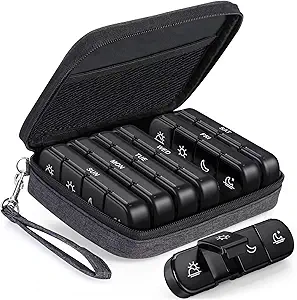 PULIV Weekly Pill Organizer 4 Times a Day with a Business Stylish Bag, Portable Pill Box 7 Day with 28 Compartments for Men, Removable Pill Sorters to Store Vitamin, Medication, Fish Oil, Supplements