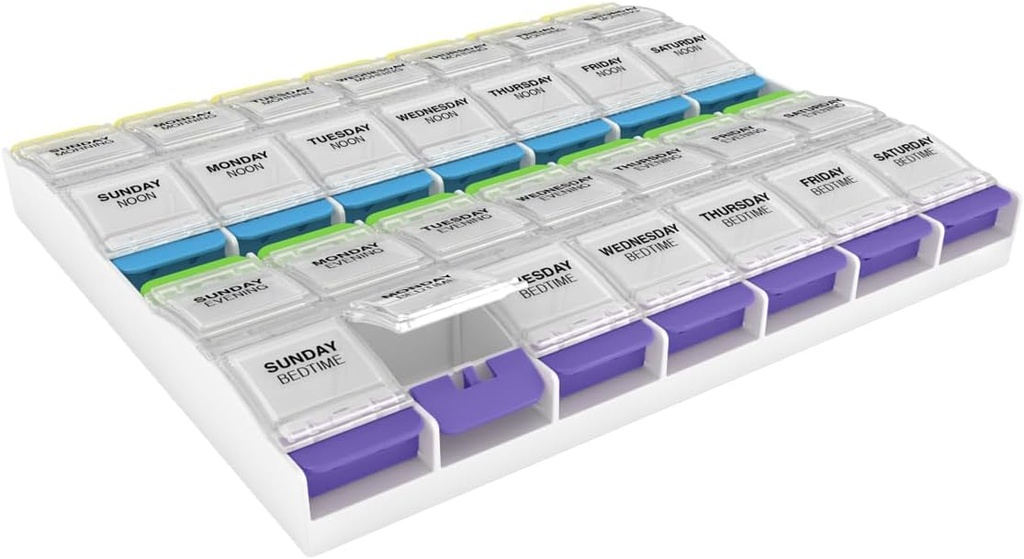 Ezy dosis Weekly (7-dag) Pill Case, Medicine Planner, Vitamin Organizer Box, 3X- store trykknap kompartmenter, 4 gange om dagen, Clear Lids, BPA Free