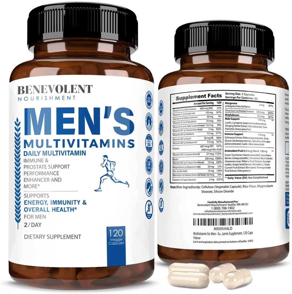 Benevolent Nourisation Multivitamin til mænd - Understøtter Energi & Samlet Sundhed - Væsentlige daglige vitaminer til mænd, Biotin, Magnesium, Zink & Antioxidant til immunsundhed - Ikke-GMO, 120 Caps