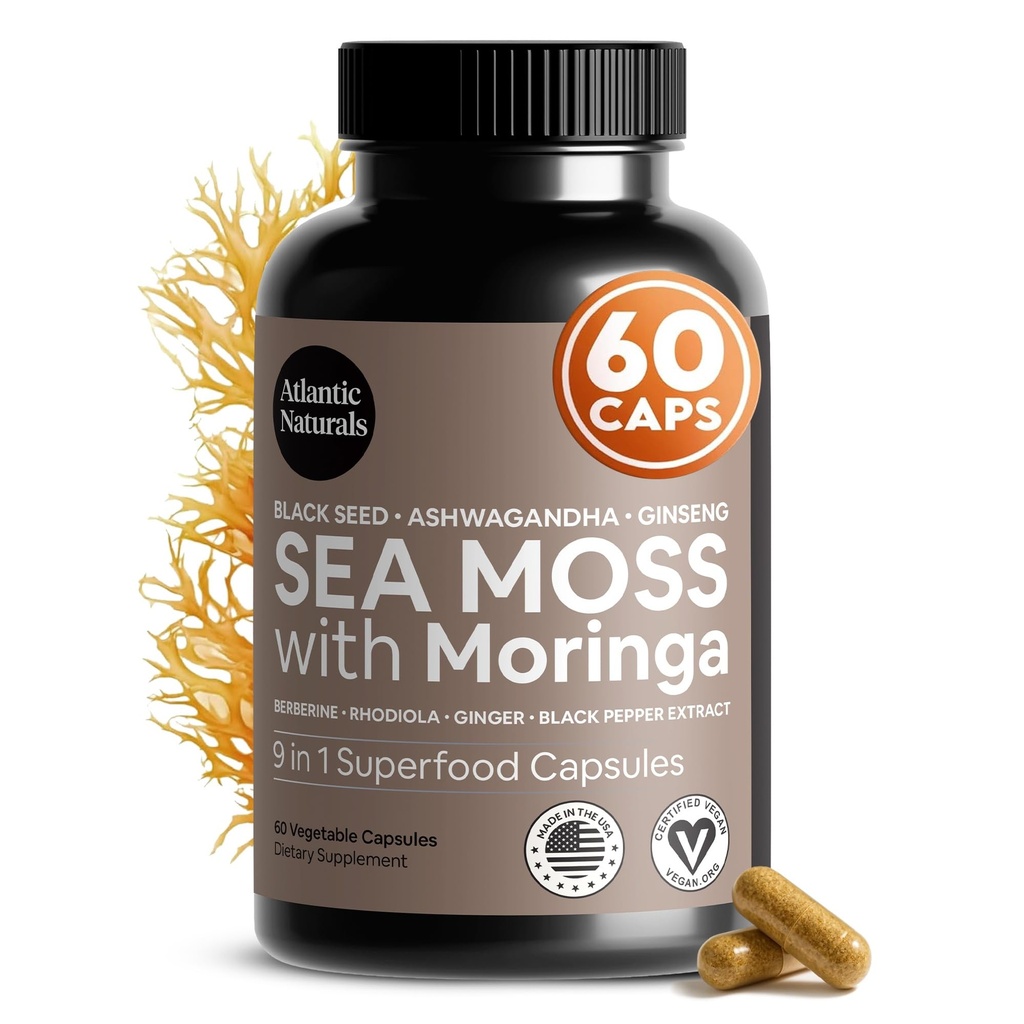 Atlantic Naturals Sea Moss Kapsler - Irish Sea Moss med Black Seed Oil, Ashwagandha, Moringa, Ginseng & Ginger for Energy, Vitality & Wellness - Nutritional Supplement - Made in USA - 60 Kapsler