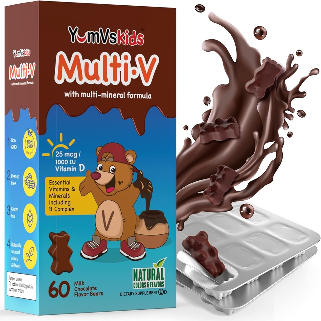 YUM- V 'S - Kids Multivitamin Chewable Chocolate Bears - Multivitamin for børn Supplement - 16 Vitamin & Mineraler - Vitamin herunder D, zink, C, B Complex & mere, 60 Count Pack af 1