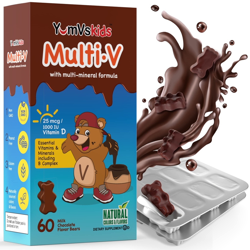 YUM- V 'S - Kids Multivitamin Chewable Chocolate Bears - Multivitamin for børn Supplement - 16 Vitamin & Mineraler - Vitamin herunder D, zink, C, B Complex & mere, 60 Count Pack af 1