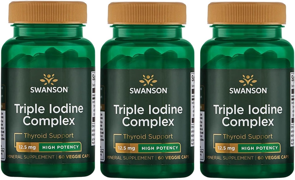 Swanson Triple Jod Complex- Natural Supplement for Vital Thyroid Support- Promodes Metabolic Funktion, Øget produktion af røde blodlegemer, & Heart Health- (60 Veggie Kapsler, 12.5mg Hver) (3 Pack)