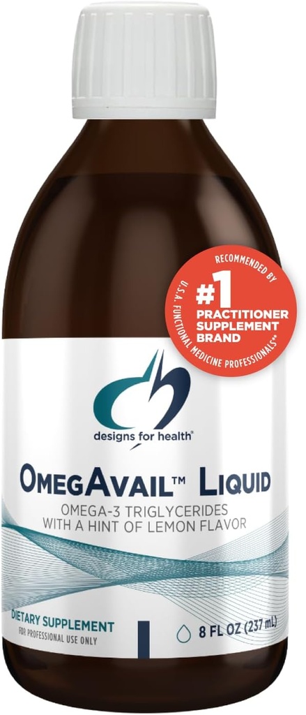 Designs for Health OmegAvail Liquid TG Fish Oil 1200mg - Triglyceride Omega-3 Fish Oil Brain Support Supplement with DHA/EPA - Natural Lemon Flavor (8oz / 47 Servings)