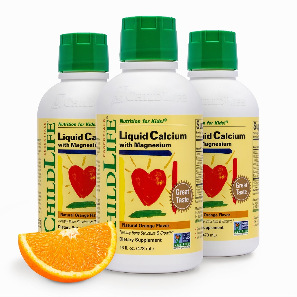 ChildLife Essentials Liquid Calcium supplement til børn - Baby Calcium med magnesium, zink, og vitamin D3 - Orange Flavor, 16 fl oz (3 Pack)