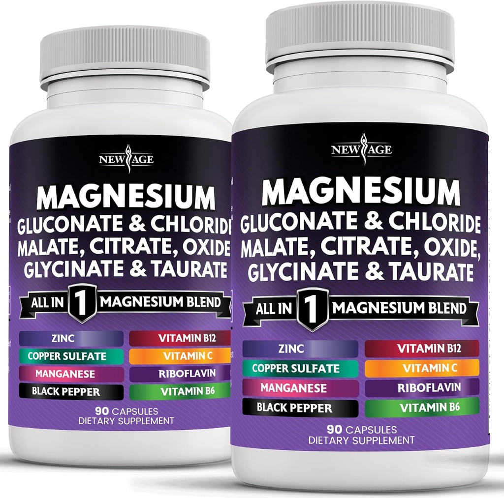 NY AGE Magnesium supplement -kraftfuld Glycinat Citrate Malatoxide Taurat Aspartatgluconat Oroter & Mag Chloride Mangan Knoglerelateret sundhed og benstyrke, fælles støtte- 180 Tæl
