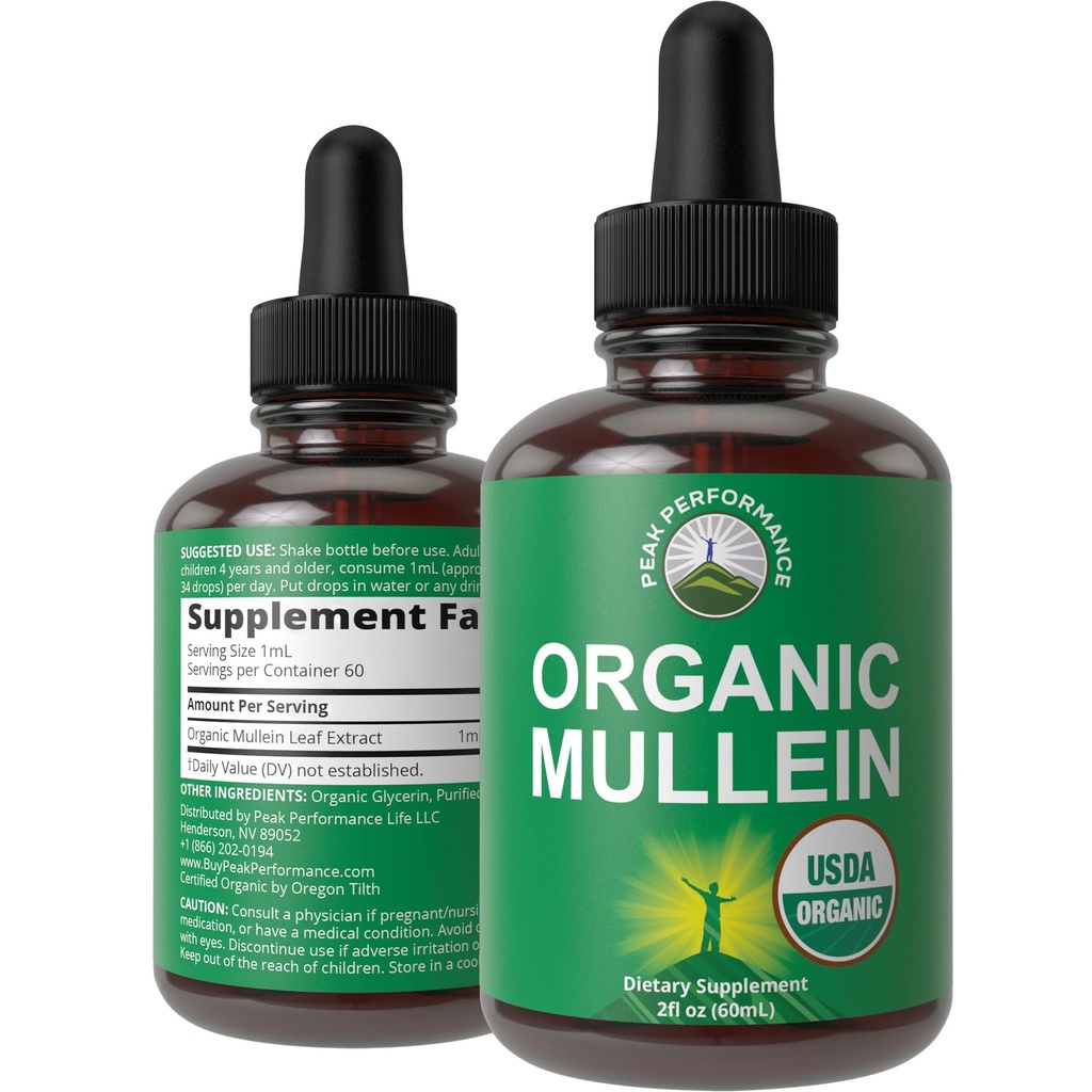 USDA Organic Mullein Leaf Drops til Lungs, Respiratory Health, Detox, Cleanse. Høj biotilgængelighed for kvinder, mænd, børn. Flydende tinktur supplement. Sooth Lungs, Hough, Congestion. Vegansk, Zero Sugar