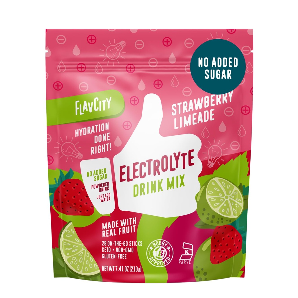 FlavCity Strawberry Limeade Electrolytes Powder Packets - 28 Hydration Packets - Ingen tilsat sukker - Hydrering Pulver med Real Fruit & Uraffineret Sea Salt - Keto & Gluten- Free (28 Stick Packs)