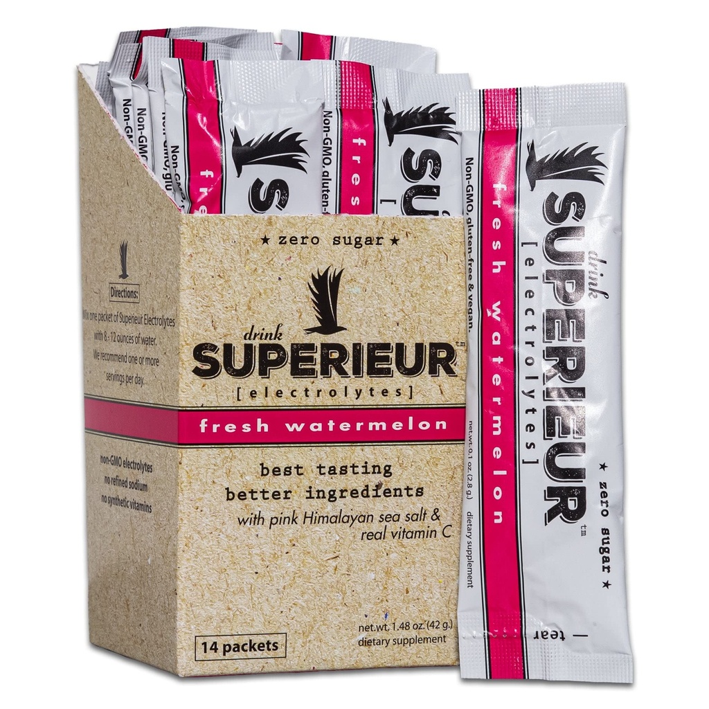 Superieur electrolyte Powder Packets - Vegan Electrolyte Hydration Powder w / Sea Minerals - Keto Friendly, Non- GMO, Zero Sugar Electrolyte Supplement - Sund Sports Drink - Watermelon (14 Packets)