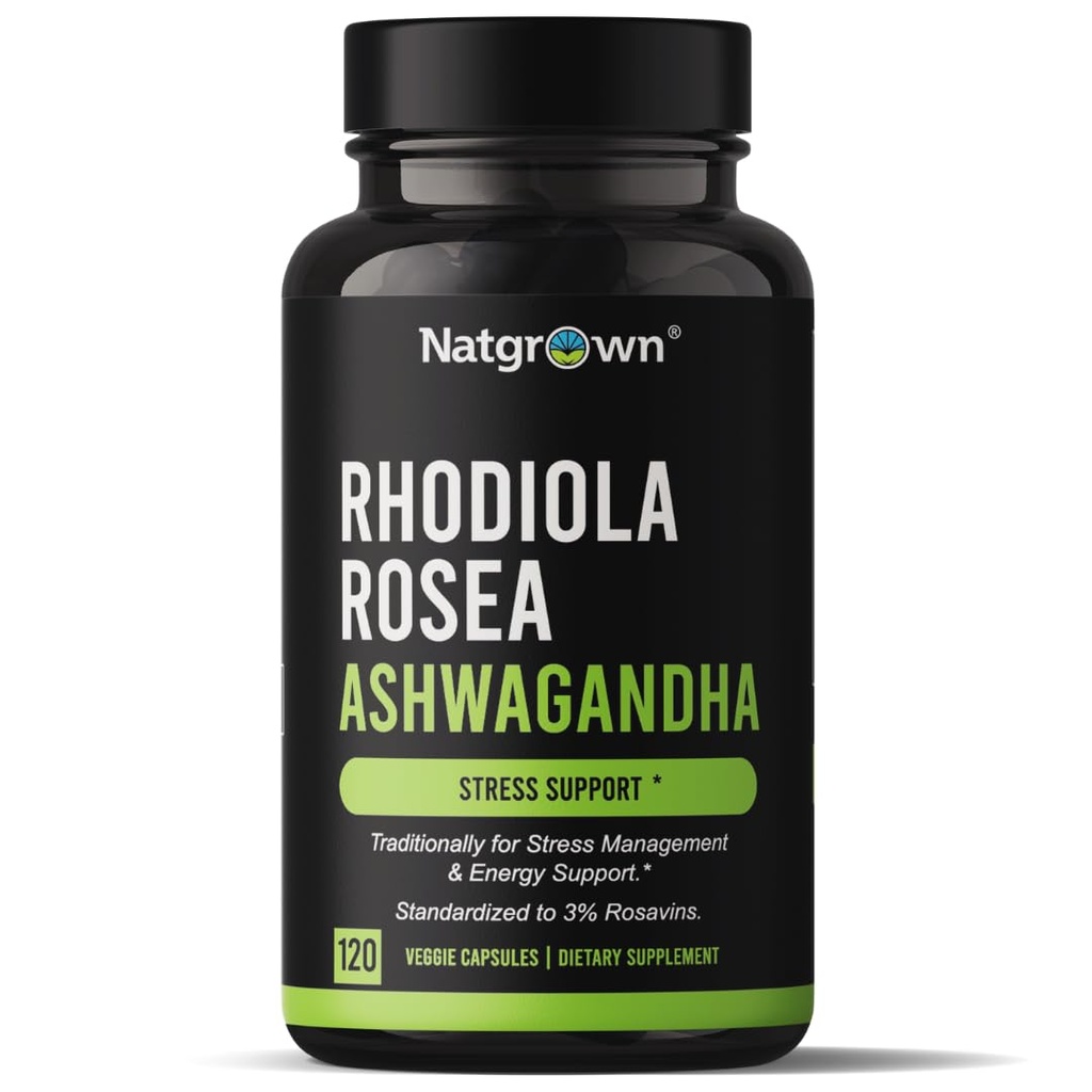 Natgrown Rhodiola Rosea med Ashwagandha Root Extract Kapsler - Standardiseret til 3% Rosavins og 1% Salidroside - 120 Greve