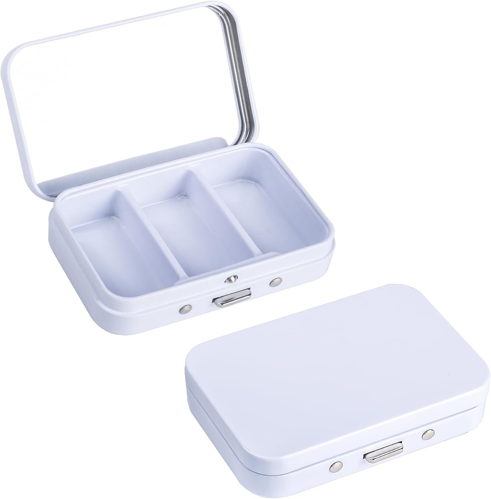 2 Pack Pill Box 3 Segment Pill Case, Bærbar Metal Travel Pill Box med spejl til medicin, vitaminer, fiskeolie og kosttilskud, Bærbar Pill Box til Pocket eller Purse (hvid)