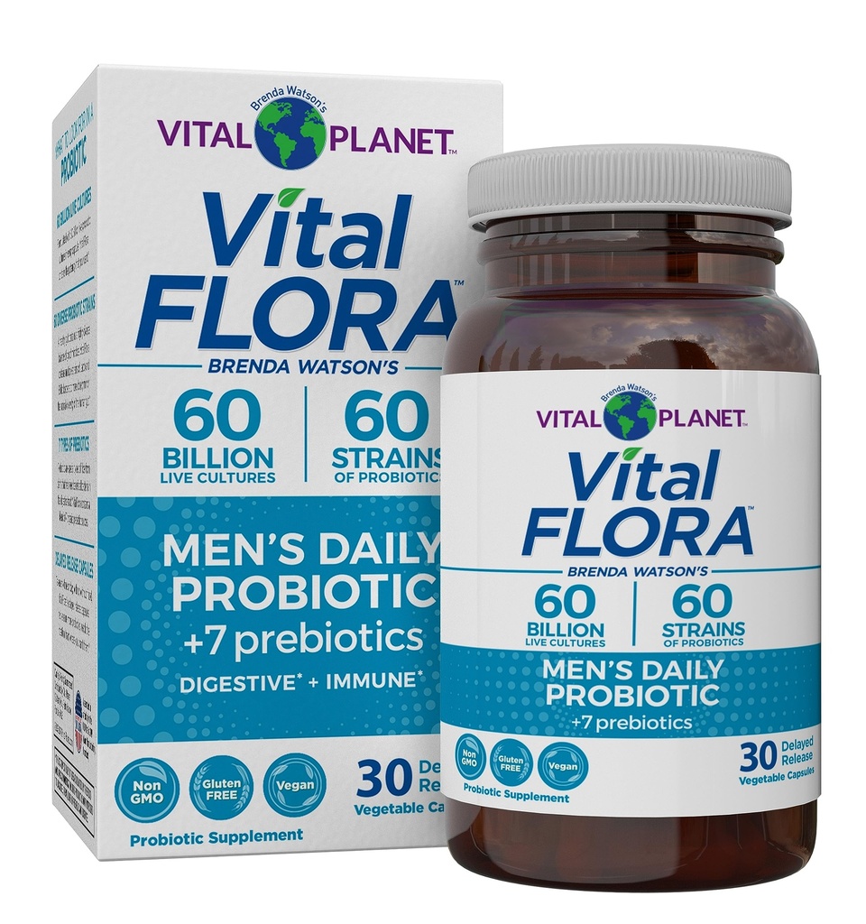Vital Planet - Vital Flora Mænd Daglige Probiotika, 60 Millioner CFU, 60 Diverse Stains, 7 Organic Prebiotics, Immunsupport, Gas Relief, Colon og fordøjelsessygdomme Probiotika til mænd 30 Kapsler