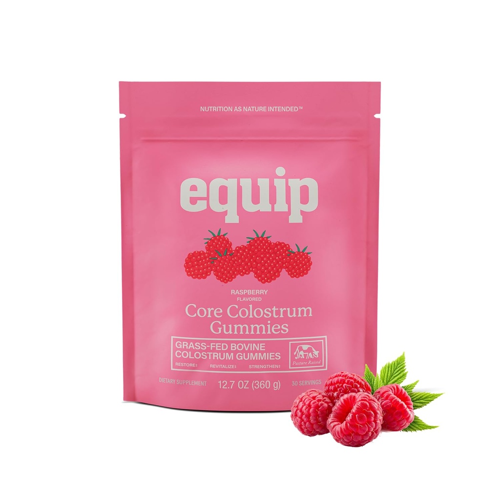 Equip fødevarer Core Bovine Colostrum Gummies - Lækker 1g Per Severing Græs Fed Colostrum Supplement - Gut Sundhed, Immunitet, Inddrivelse, Hår & Hud - 60 Bovine Colostrum Gummies, 30 Servere, Hindbær