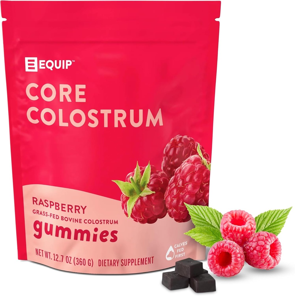 Equip fødevarer Core Bovine Colostrum Gummies - Lækker 1g Per Severing Græs Fed Colostrum Supplement - Gut Sundhed, Immunitet, Inddrivelse, Hår & Hud - 60 Bovine Colostrum Gummies, 30 Servere, Hindbær