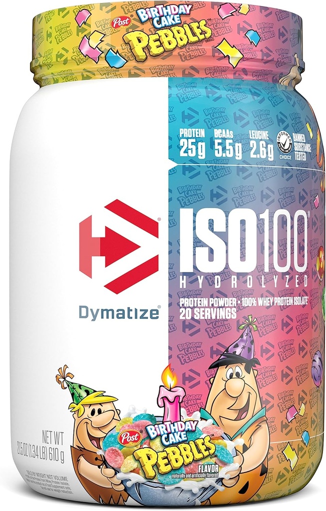 Dymatize x Birthday Cake Pebbles ISO100 Whey Protein Powder Isolate, 25g of Protein, 5.5g BCAAs, 120 Cal., Gluten Free, 1g Fat, 1g Sugar, 2g Carb (20 Servings)