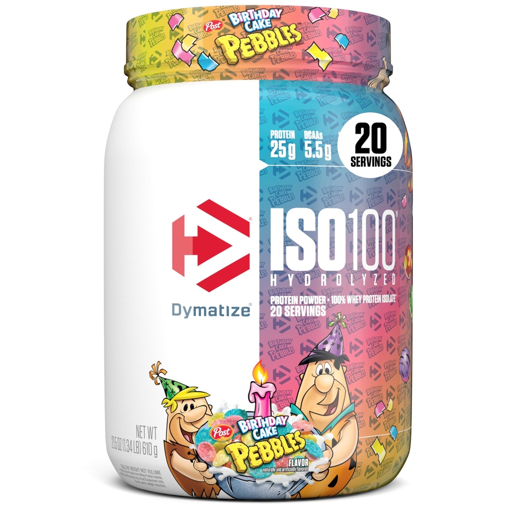 Dymatize x Fødselsdag Cake Småsten ISO100 Whey Protein Powder Isolate, 25g protein, 5,5g BCAA, 120 Cal., Gluten Free, 1g fedt, 1g sukker, 2g Carb (20 Servere)