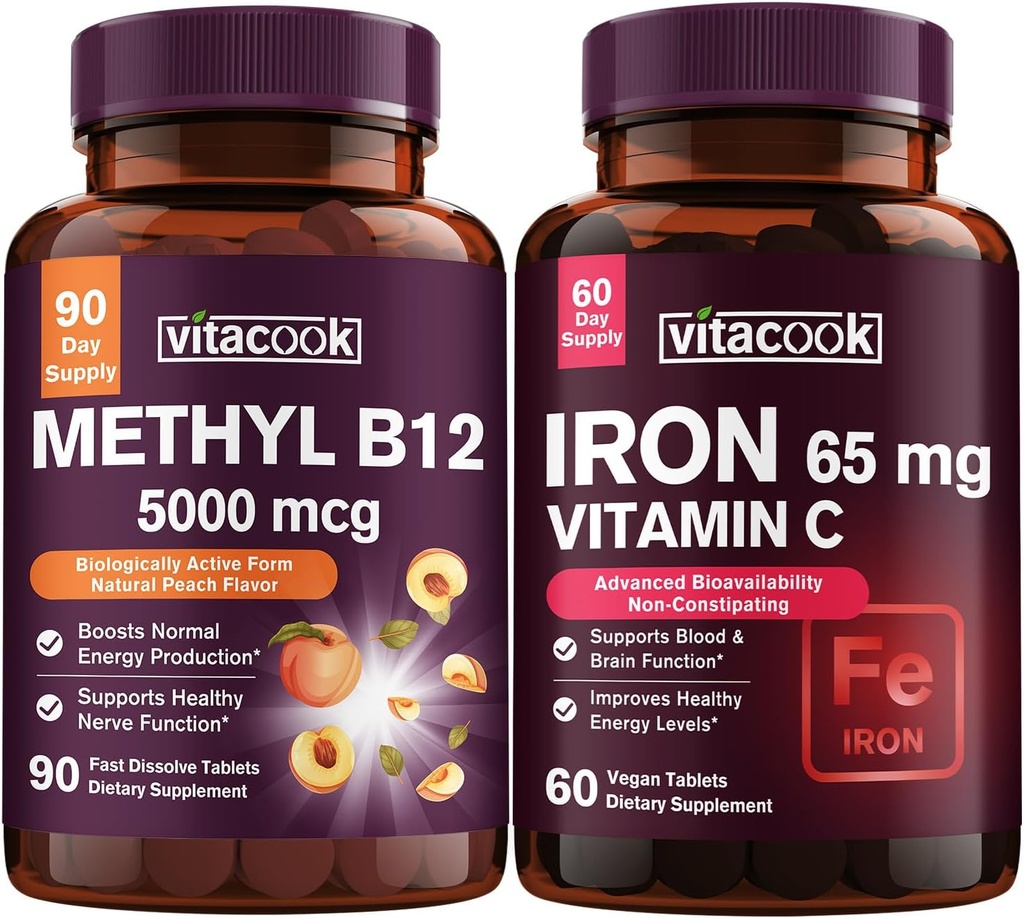 Jern og vitamin B12 Bundle, 5000 mcg B12, Zero Sugar, Carbonyl Jern med C-vitamin, blid på Maven