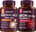Jern og vitamin B12 Bundle, 5000 mcg B12, Zero Sugar, Carbonyl Jern med C-vitamin, blid på Maven
