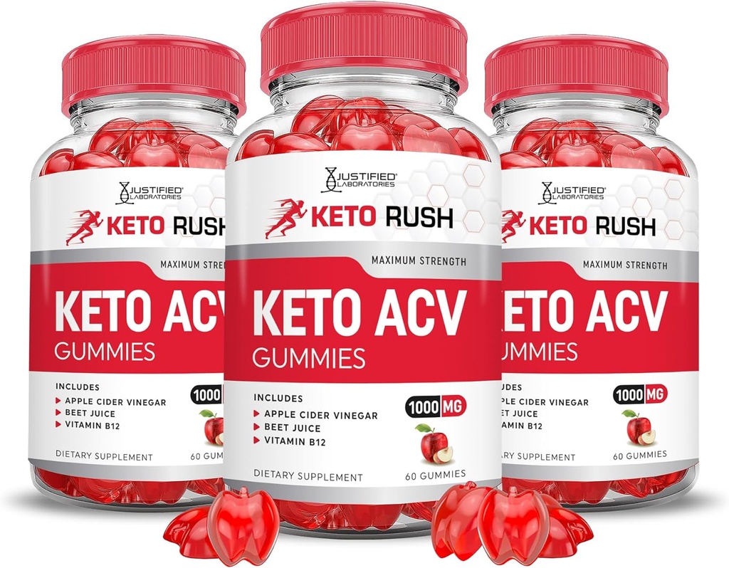 Justified Laboratories (3 Pack Keto Rush Keto ACV Apple Cider Vinegar Boost Formuleret med Pomegranate Beet Juice Powder B12 Vegan Non GMO 180 Gummies