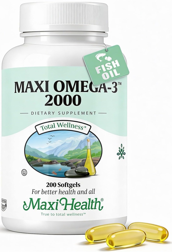 Omega 3 Supplement - Omega-3 Fish Oil 2000mg - Natural Source of EPA & DHA - Heart, Brain & Joint Health - Kosher Certified Wild Caught Marine Fish - 200 Vegetar Softgels by Maxi Health