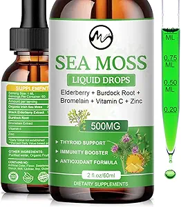 Sea Moss Liquid Drops - Irish Sea Moss 2000mg med Elderberry, Burdock Root, Bromelain, C-vitamin og zink - 98 Essential Minerals Seamoss supplement til immunforsvar, fælles, fordøjelse, Aging Support - 2oz