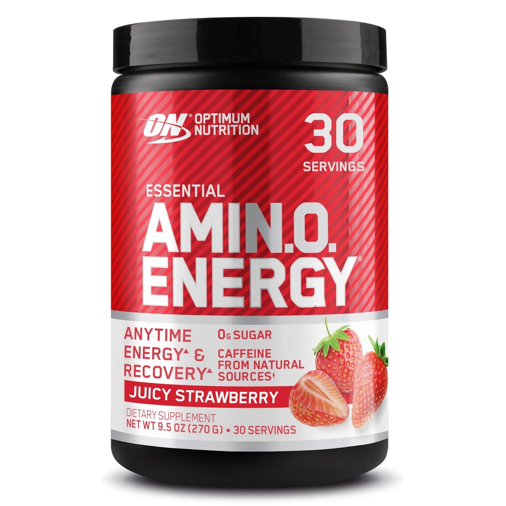 Optimum Nutrition Amino Energy - Pre Workout med grøn te, BCAA, Aminosyrer, Keto Friendly, Green Coffee Extract, Energy Powder - Juicy Strawberry Burst, 30 Servering (Packaging May Vary)