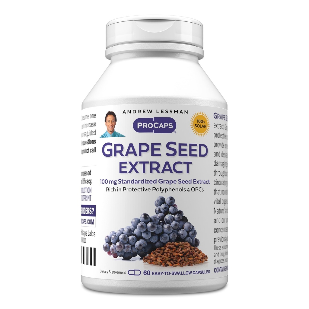 ANDREW LESSMAN Grape Seed Extract 60 Kapsler - 100 mg Standardized Extract, Antioxidant, Neutraliserer skader gratis radikaler, understøtter sund cirkulation. Rig på beskyttende polyphenoler