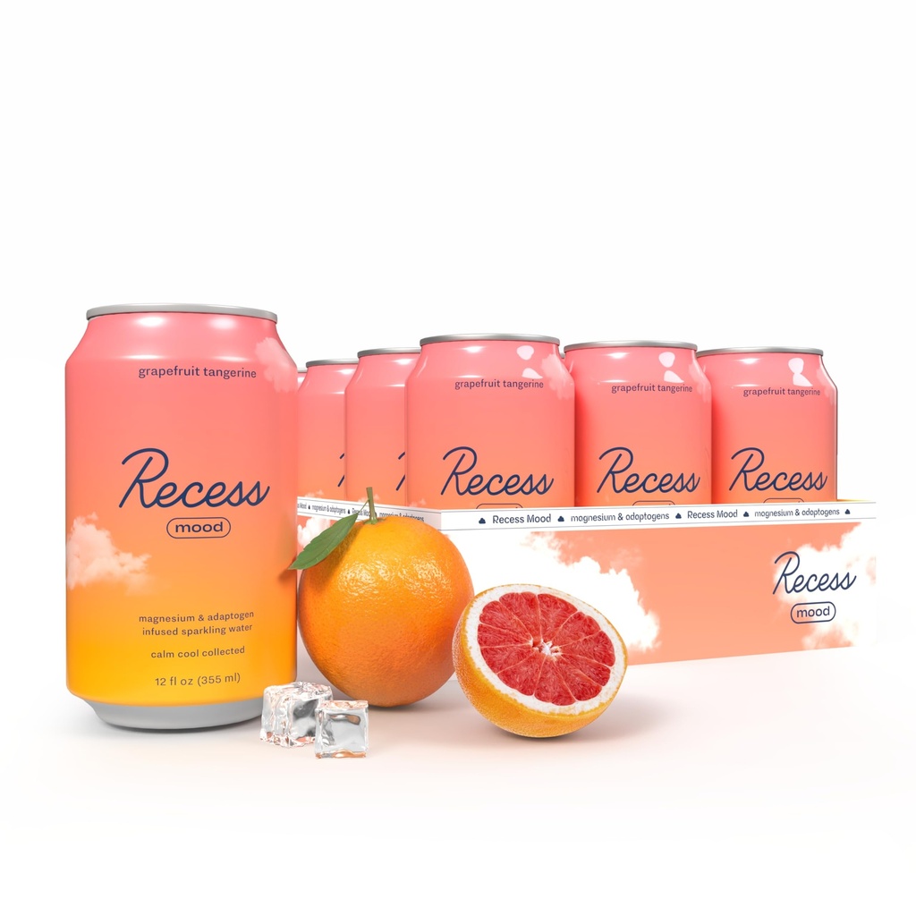 Recess Mood Magnesium & Adaptogen Drink, Relaxation Beverage, 12 ounce (Grapefruit Tangerine, 12 pack)