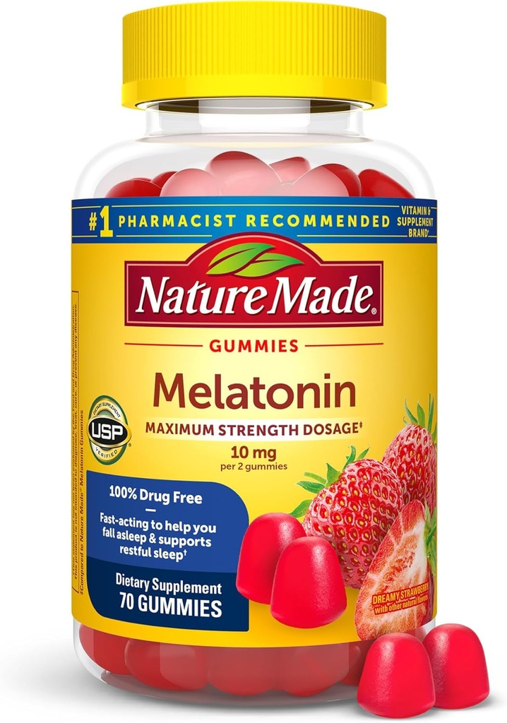 Nature Made Melatonin 10mg per servering Gummies for voksne, Maksimal styrke Dosering Sleep Aid, 100% narkotika fri, 70 Count Melatonin Gummies, 35 dages forsyning