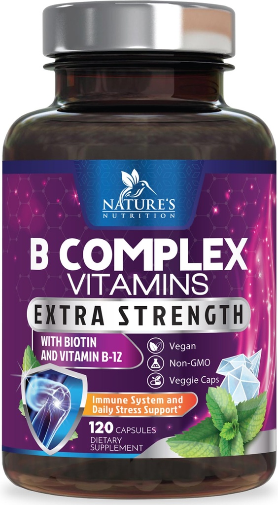 B Complex vitaminer kapsler - med vitamin B12 B6 B100 C biotin folat & folinsyre - supplement til hjerte, hjerne, & nerve support - Super Complex B-kompleks til immun- og energistøtte - 120 kapsler