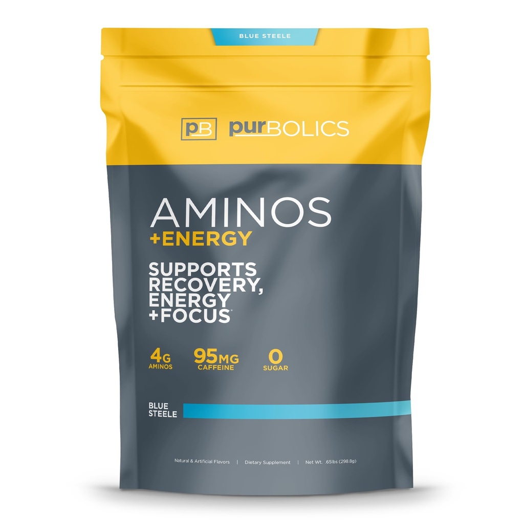 Purbolics Aminos + Energy Measures 124; Understøtter inddrivelse, Energi & Focus Measures 124; 95mg af koffein, 0 kalorier & 60 Servere (Blue Steele)