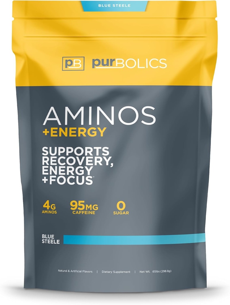 Purbolics Aminos + Energy Measures 124; Understøtter inddrivelse, Energi & Focus Measures 124; 95mg af koffein, 0 kalorier & 60 Servere (Blue Steele)