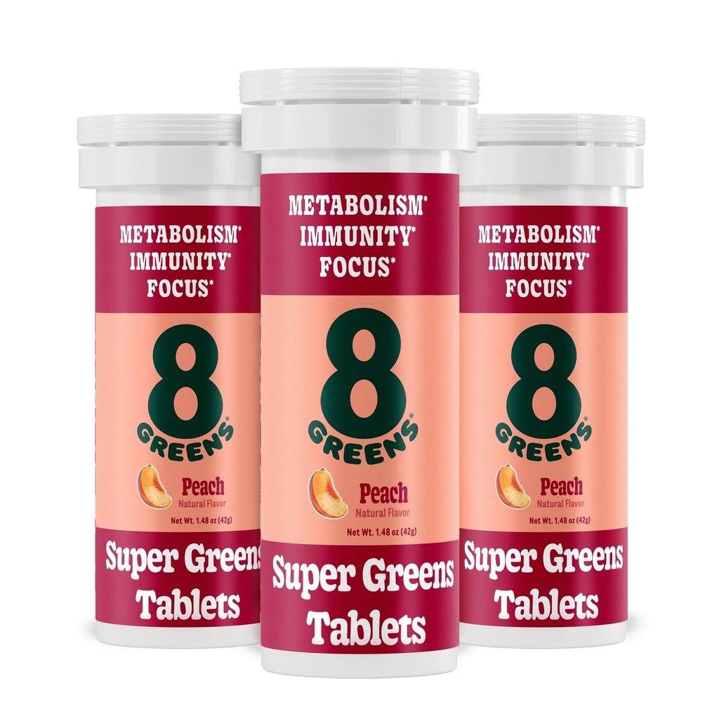 8Greens Supergreens Tablets Б124; Super Green Powder Superfood Tablet, Metabolisme Immunitet & Focus, Daily Green Effervescent Tablets, Organic: Aloe Vera, Spirulina, Chlorella, Peach, 30 Servere