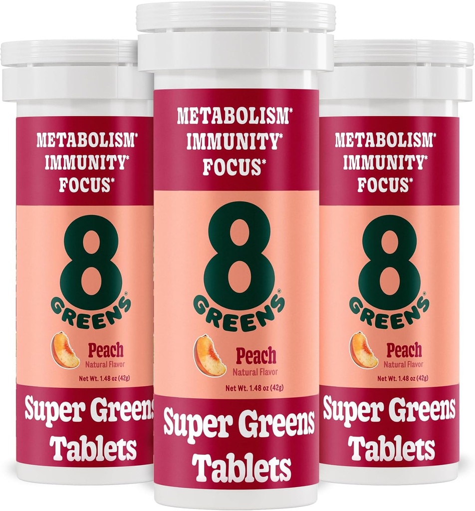 8Greens Supergreens Tablets Б124; Super Green Powder Superfood Tablet, Metabolisme Immunitet & Focus, Daily Green Effervescent Tablets, Organic: Aloe Vera, Spirulina, Chlorella, Peach, 30 Servere