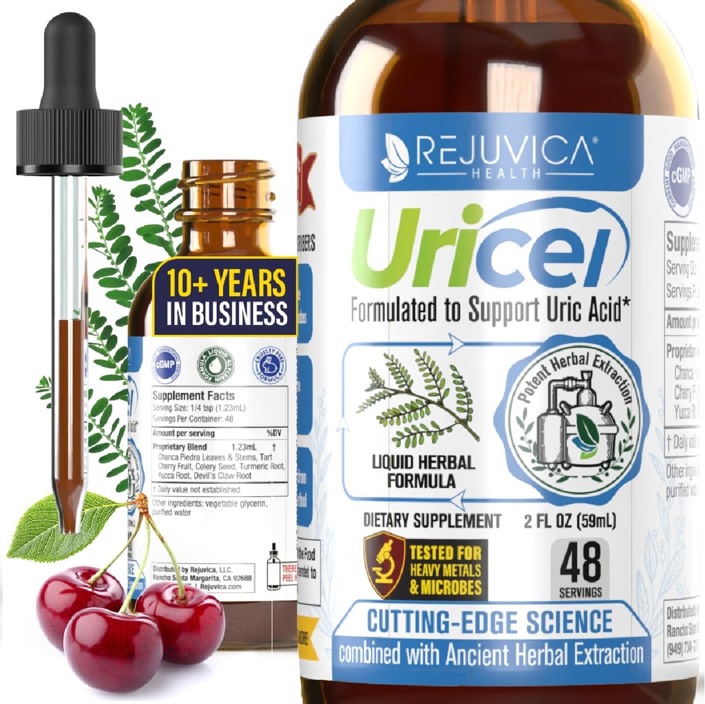 Uricel - Advanced Uric Acid Support & Cleanse Supplement - Joint & Nyre Support - Flydende levering til bedre absorption - Tart Cherry, Chanca Piedra, Selleri frø & gurkemeje - 2 fl oz