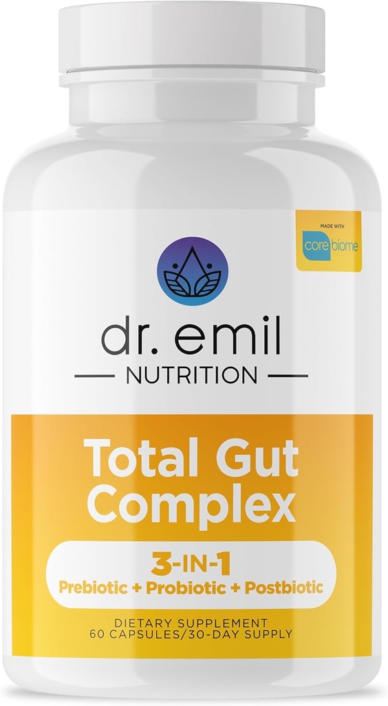 DR. EMIL NUTRITION Total Gut Health Complex - Prebiotic, Probiotic & Postbiotic Supplement - Understøtter fordøjelsessundhed, Bloating & Gut Balance - Non-GMO & soy- Free - 60 kapsler