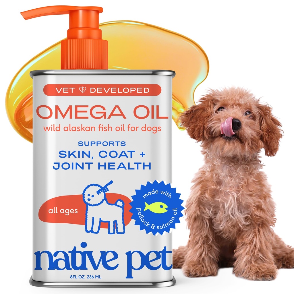 Native Pet Omega 3 Fish Oil for Dogs & Cats - fremmer sund hud, Shiny Coat, & Stærk Joints - Lavet med Wild Alaska Salmon Oil for Dogs - Tasty, Fast- Absorbing Omega 3 6 9 Flydende tillæg-8oz