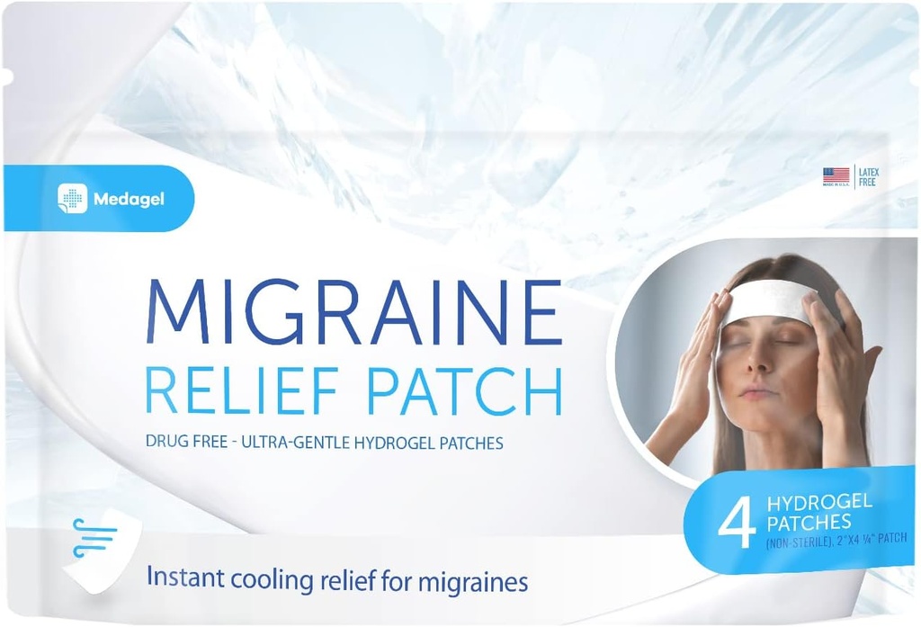 Migræne Relief Patch, Cooling Patches for Migræne, Feber, Hormone, & Hovedpine, Mess & Odor- Free Hydrogel Cooling, Lavet i USA, 1 Pack (4 x Patches) Hvid