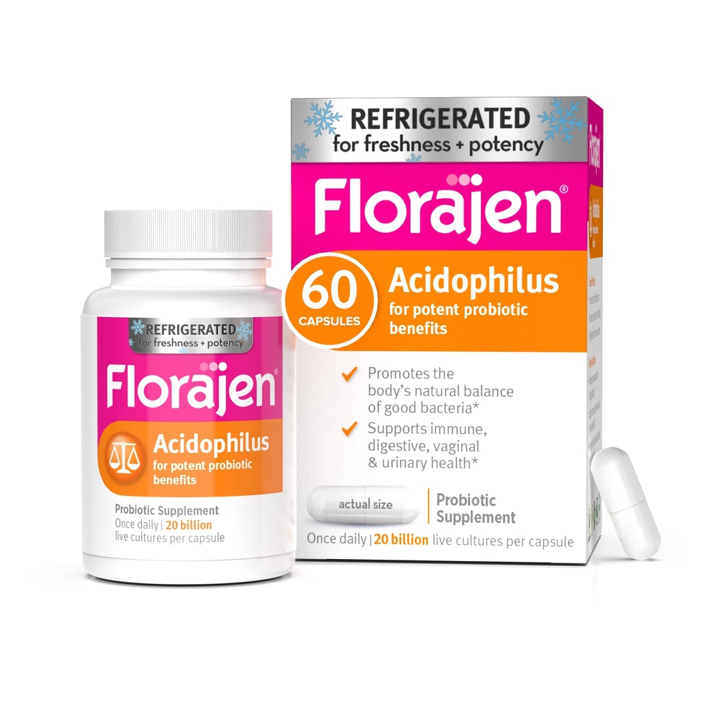 Florajen Acidophilus High Potency Kølede Understøtter Samlet Sundhed, 20 Millioner CFU 'er til Potent Probiotiske Fordele, Unflavored, 60 Tæl