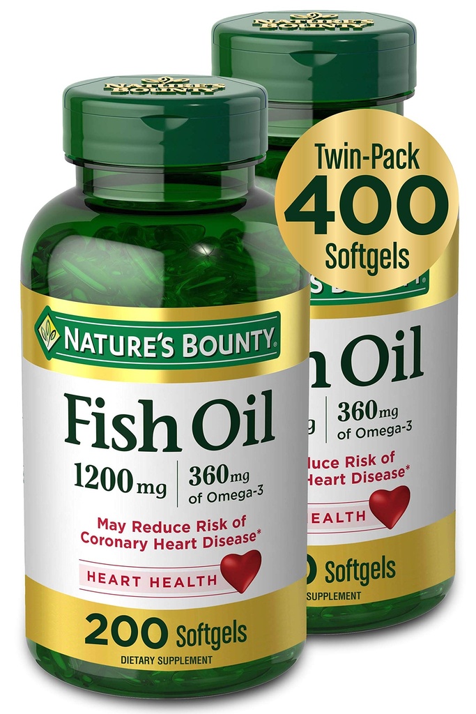 Nature 's Bounty Fish Oil, Kosttilskud med 360mg Omega-3, Understøtter hjerte sundhed, 1200mg, 200 Softels (pakke med 2)
