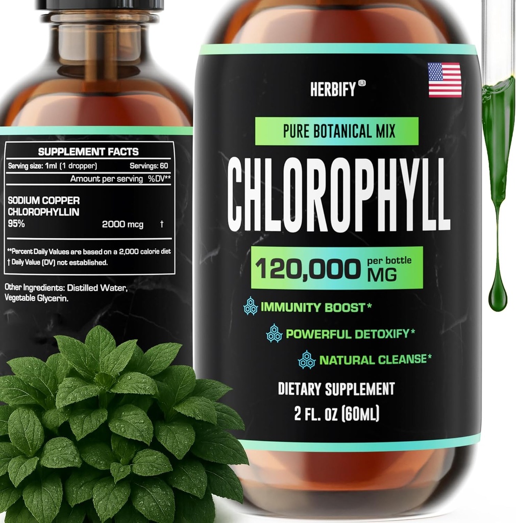 HERBIFY Chlorophyll Drops - Liquid Chlorophyll for Energy Boost & Immunsystem Support - Lavet i USA - Chlorophyll Liquid Drops til Body Detox, Intern Deodorant & Enhance Skin - 2 Oz