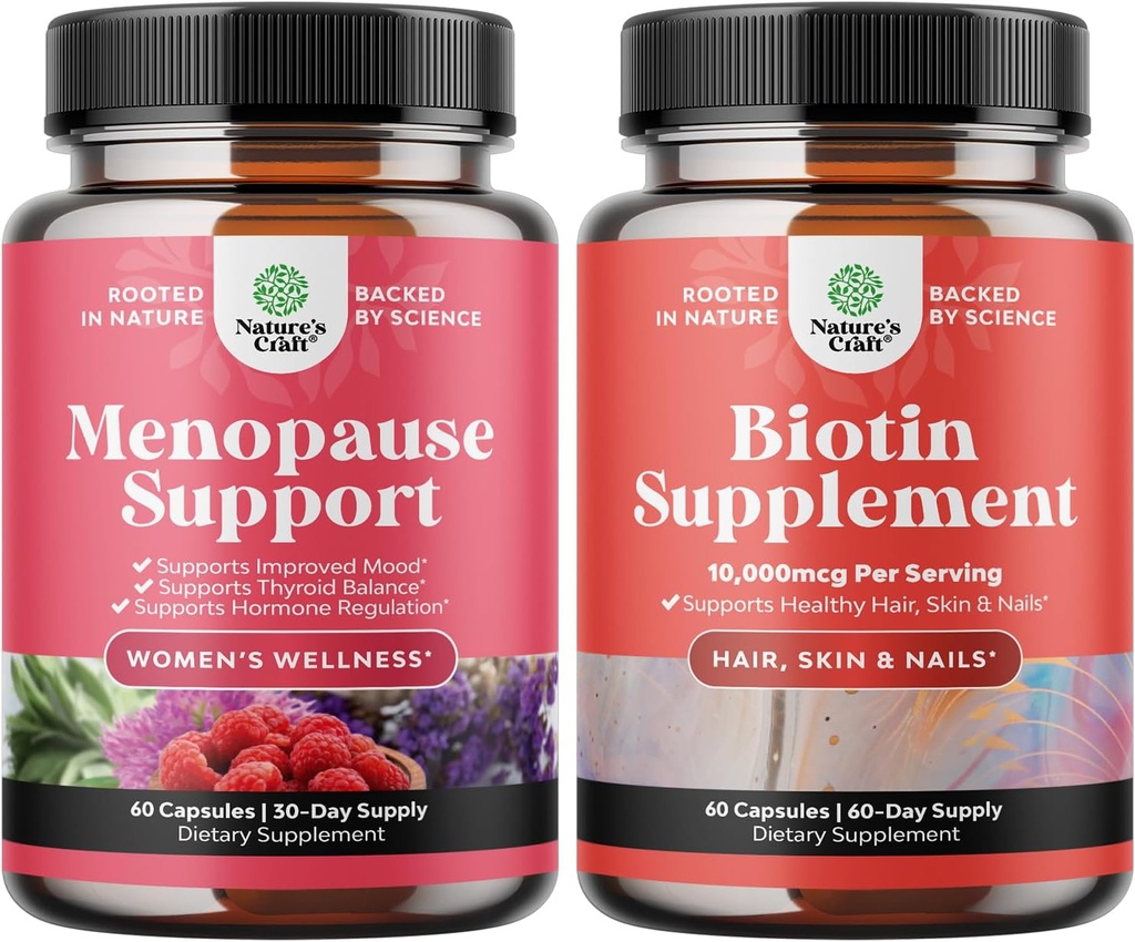 Bundle of Herbal Menopause Supplement for kvinder og 10000 mcg Pure Biotin piller til kvinder & mænd - Perfekt til østrogen balance - Stop hårtab Tynde naturligt supplement